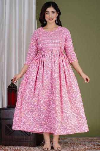 Women floral printed round neck pure cotton maternity dress