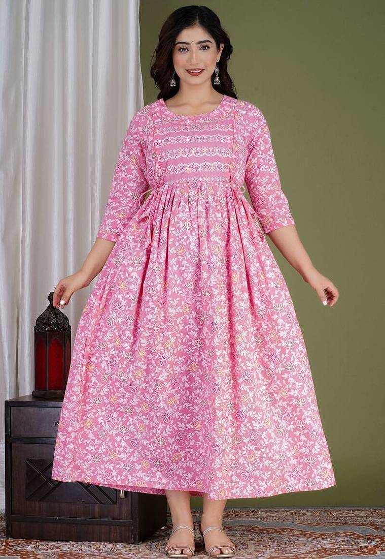 Women floral printed round neck pure cotton maternity dress