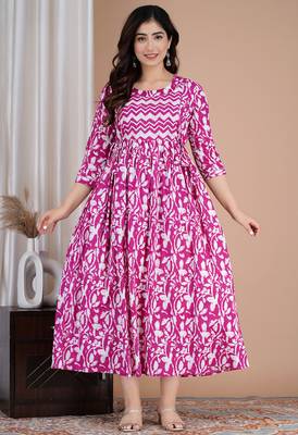 Women floral printed round neck  cotton maternity dress 1