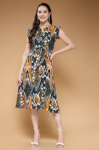 Women rayon mustard abstract print a-line dress