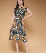 Women rayon mustard abstract print a-line dress