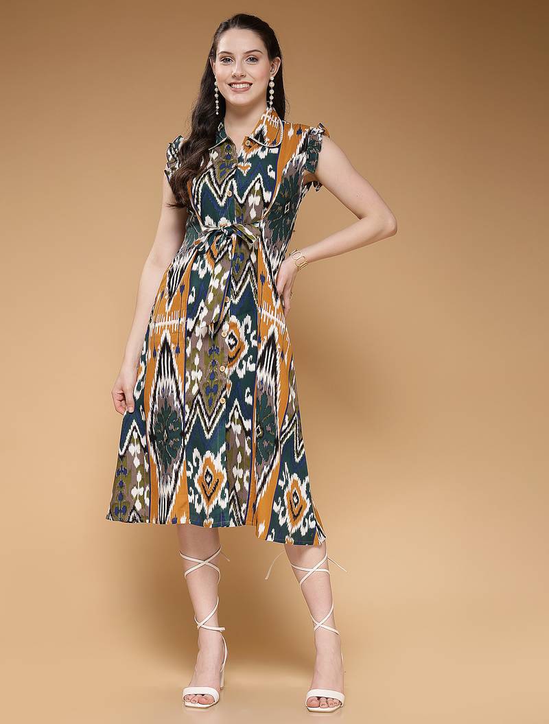 Women rayon mustard abstract print a-line dress