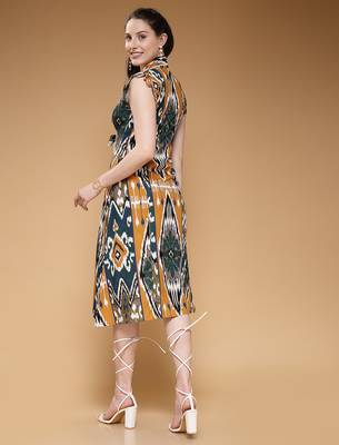 Women rayon mustard abstract print a-line dress 2