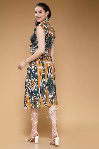 Women rayon mustard abstract print a-line dress
