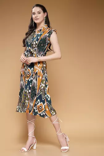 Women rayon mustard abstract print a-line dress