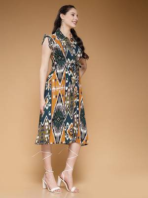 Women rayon mustard abstract print a-line dress 4