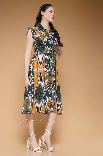 Women rayon mustard abstract print a-line dress