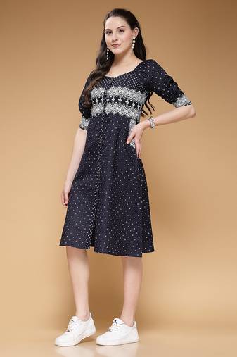Women denim blue geometric print a-line dress