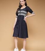 Women denim blue geometric print a-line dress