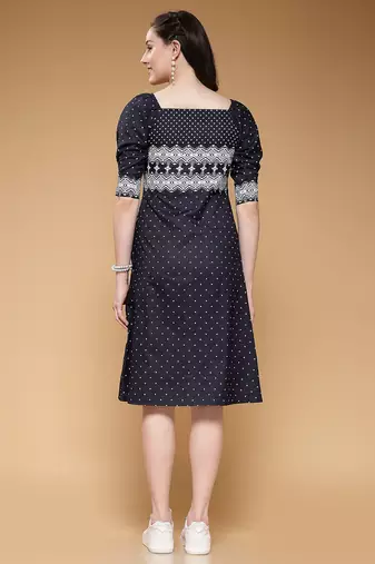 Women denim blue geometric print a-line dress