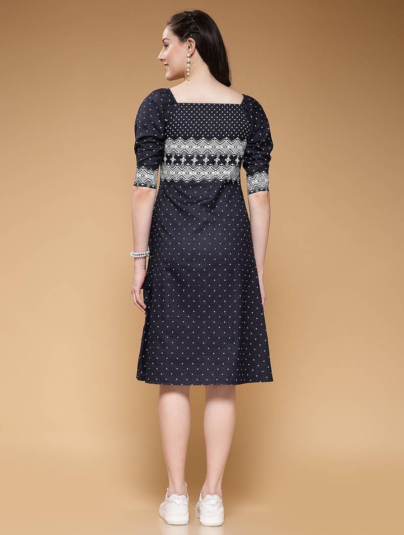 Women denim blue geometric print a-line dress