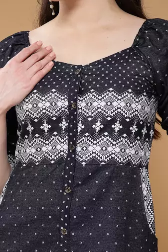 Women denim blue geometric print a-line dress
