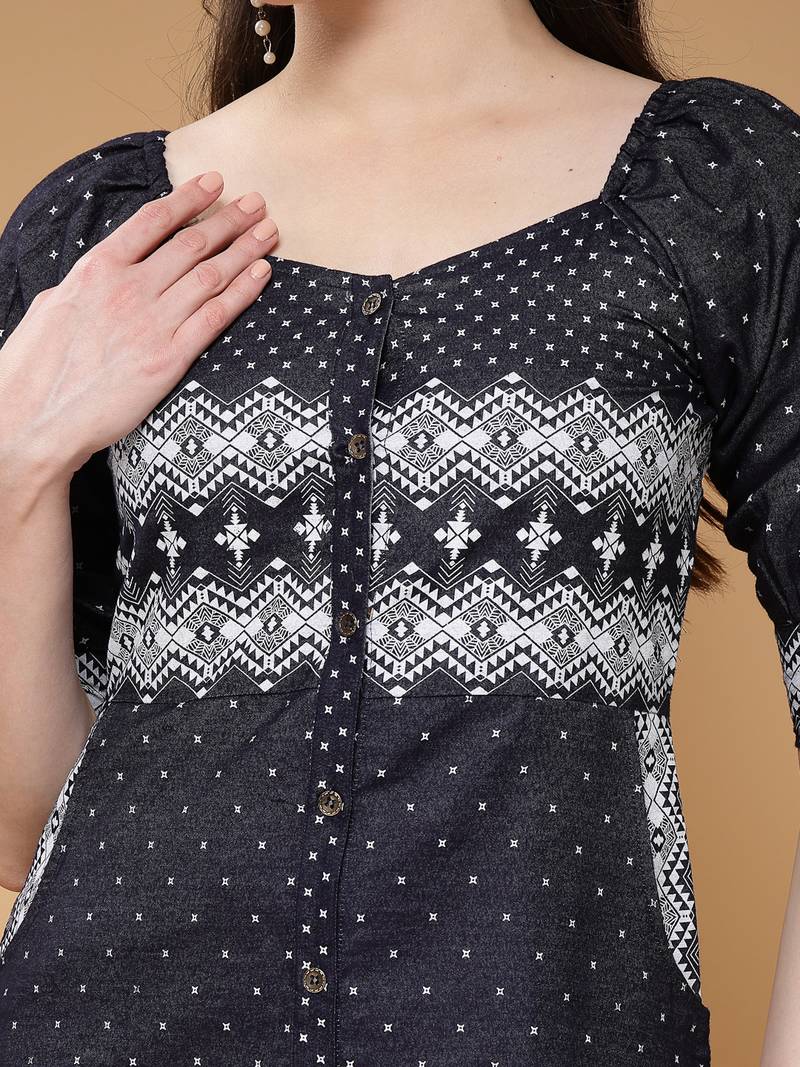 Women denim blue geometric print a-line dress