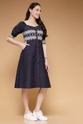 Women denim blue geometric print a-line dress
