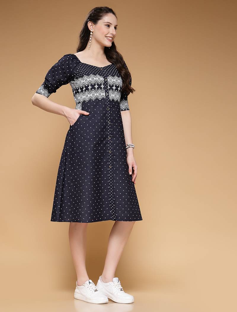 Women denim blue geometric print a-line dress