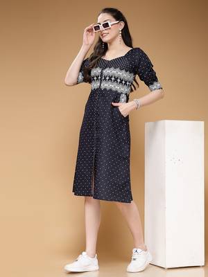 Women denim blue geometric print a-line dress 5