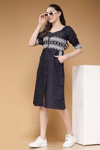 Women denim blue geometric print a-line dress