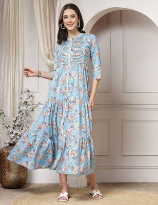 Women cotton sky blue floral print flared maxi dress 1
