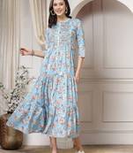 Women cotton sky blue floral print flared maxi dress