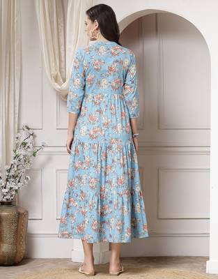 Women cotton sky blue floral print flared maxi dress 2
