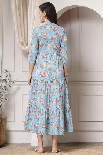 Women cotton sky blue floral print flared maxi dress