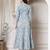 Women cotton sky blue floral print flared maxi dress