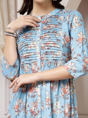 Women cotton sky blue floral print flared maxi dress 3