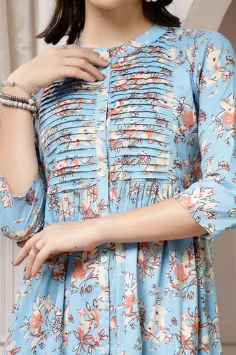 Women cotton sky blue floral print flared maxi dress