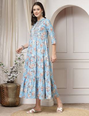 Women cotton sky blue floral print flared maxi dress 4