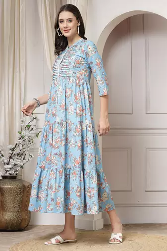 Women cotton sky blue floral print flared maxi dress