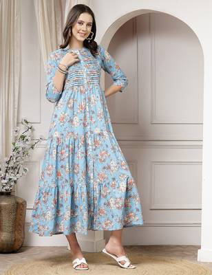 Women cotton sky blue floral print flared maxi dress 5