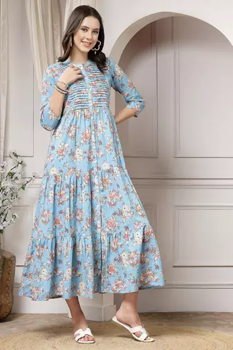 Women cotton sky blue floral print flared maxi dress