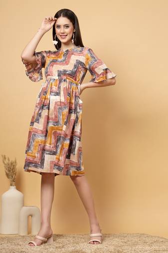 Women cotton brown abstract print mini dress