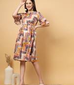 Women cotton brown abstract print mini dress