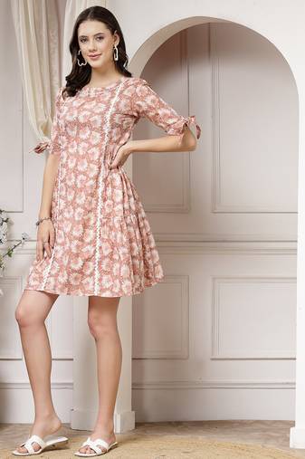 Women cotton brown floral print a-line mini dress