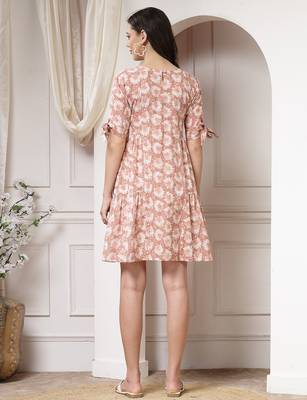 Women cotton brown floral print a-line mini dress 2