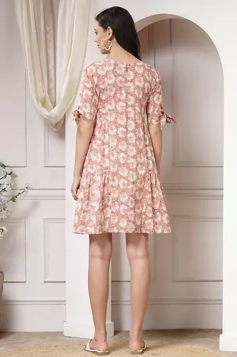 Women cotton brown floral print a-line mini dress