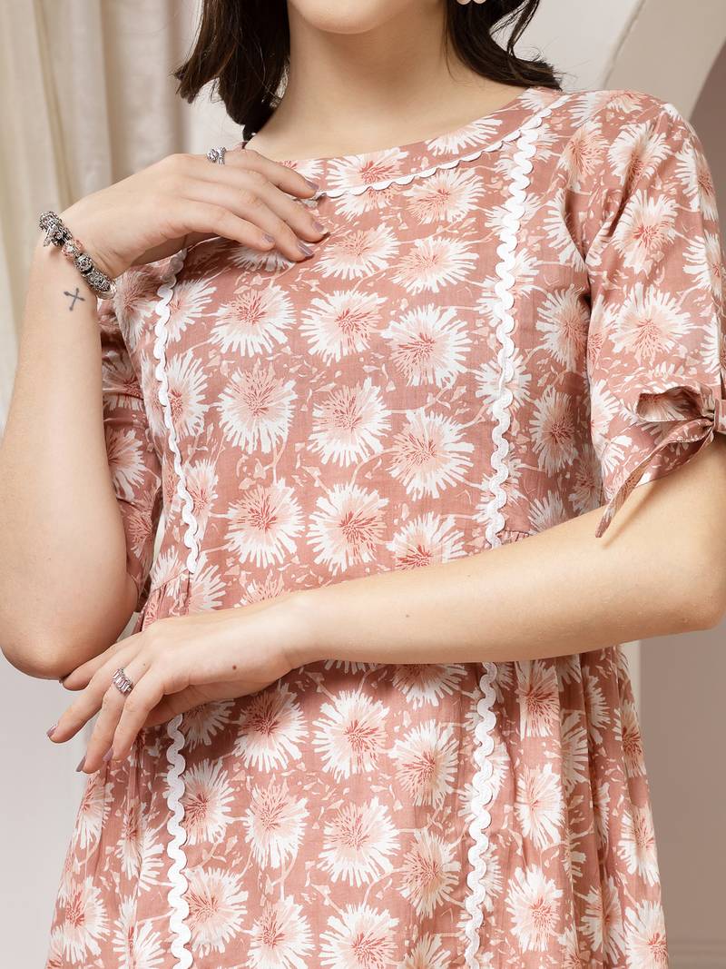 Women cotton brown floral print a-line mini dress