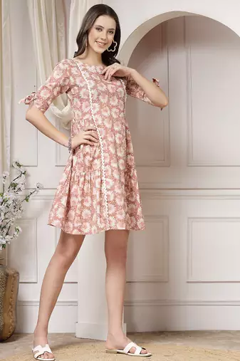 Women cotton brown floral print a-line mini dress