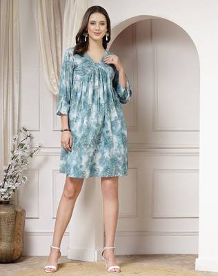 Women cotton teal abstract print flared mini dress 1