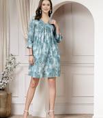 Women cotton teal abstract print flared mini dress