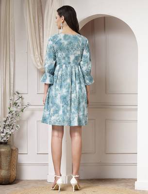 Women cotton teal abstract print flared mini dress 2