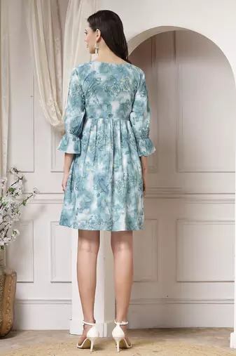 Women cotton teal abstract print flared mini dress