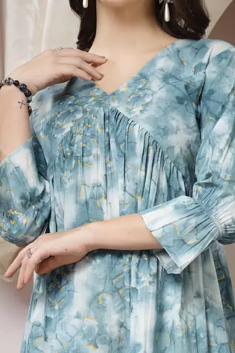 Women cotton teal abstract print flared mini dress
