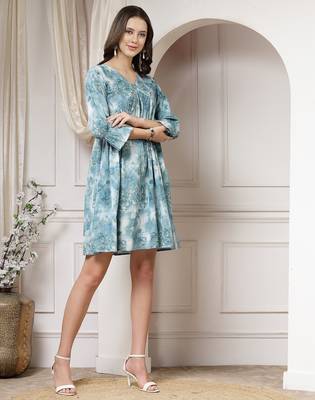 Women cotton teal abstract print flared mini dress 4