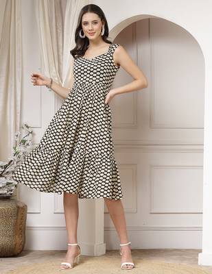 Women cotton black polka dot print flared midi dress 1