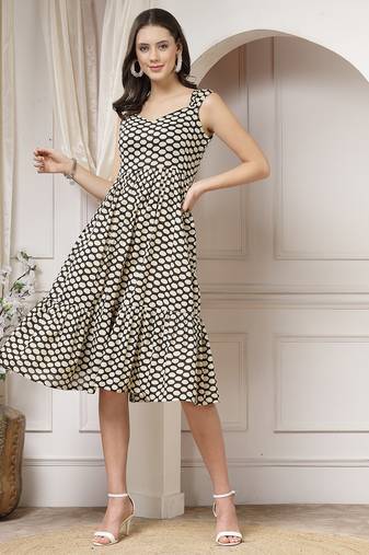 Women cotton black polka dot print flared midi dress
