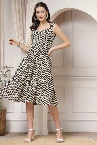 Women cotton black polka dot print flared midi dress