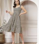 Women cotton black polka dot print flared midi dress