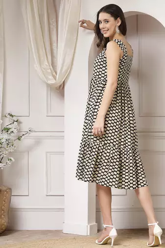 Women cotton black polka dot print flared midi dress